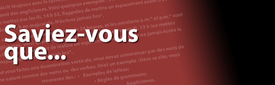 Image avec l’expression “Saviez-vous que…” en grandes lettres blanches sur un fond rouge qui s’assombrit en noir à droite. En arrière-plan, on distingue un texte flou en français, faisant allusion à des règles de grammaire ou de typographie, évoquant un fait ou conseil linguistique.